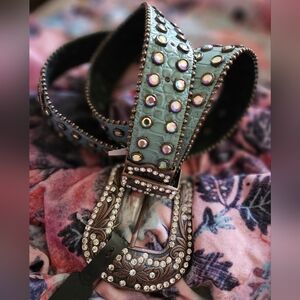 Nocona Alligator Rhinestone Studded Genuine Leather Turquoise Green Leather Belt